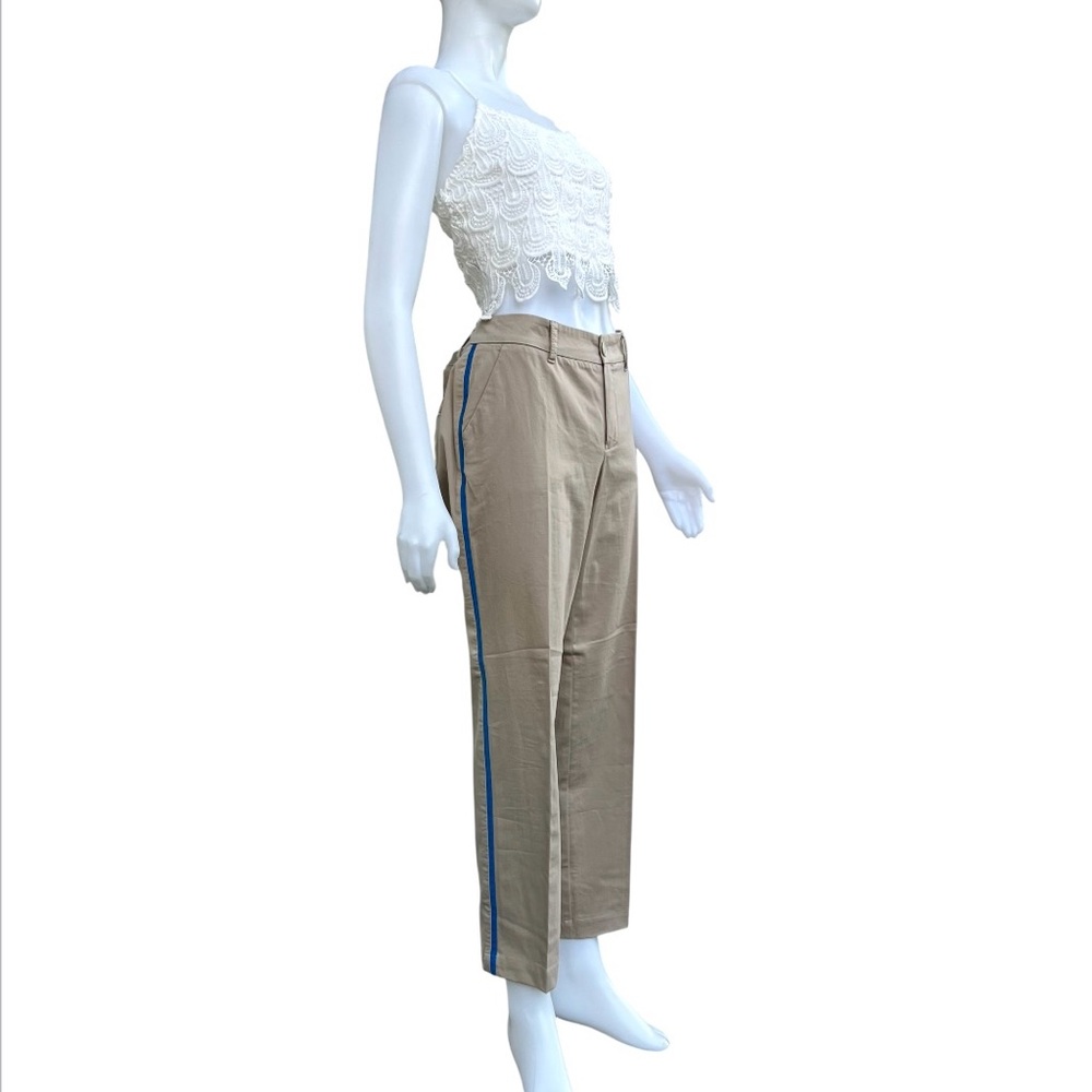 Qui Women Cream Pants Straight Leg Blue Side Stripe Cotton Chino Casual Trouser‎